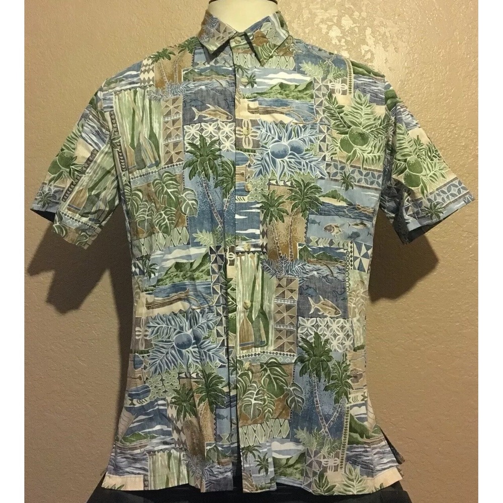 RJC Men's Size Large Reverse Print Fish Palm Trees Hawaiian Shirt L USA